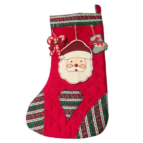 Handmade Quilted Santa Christmas Stocking Festive Appliqués & Red Plaid Details - Picture 1 of 8